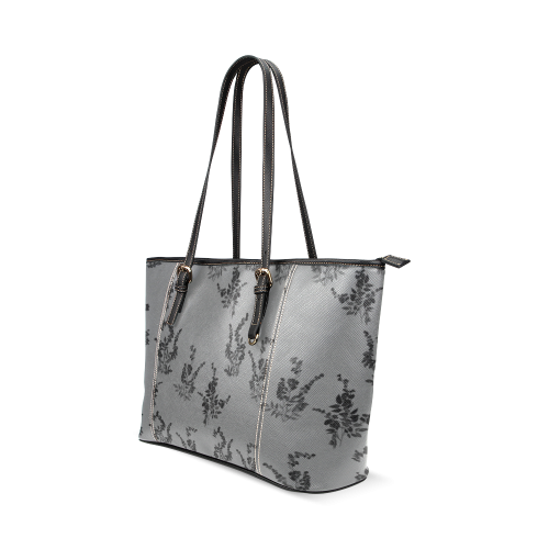 Tiny black flowers gray Leather Tote Bag/Small (Model 1640)