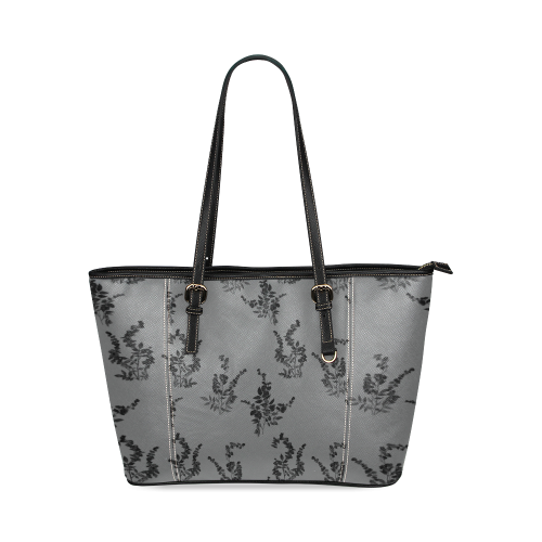 Tiny black flowers gray Leather Tote Bag/Small (Model 1640)