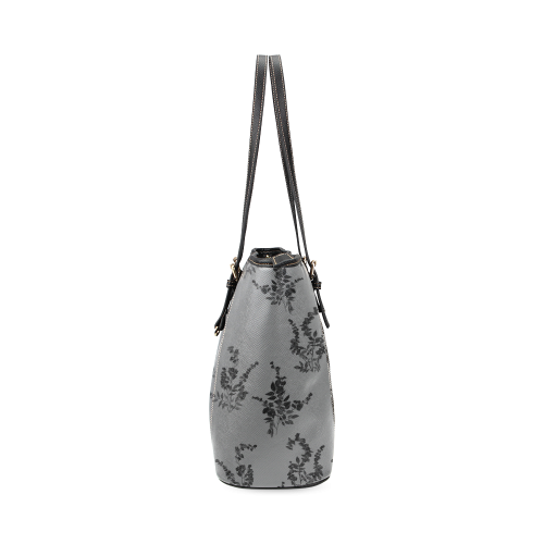 Tiny black flowers gray Leather Tote Bag/Small (Model 1640)