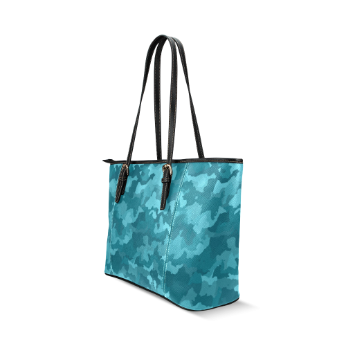 camouflage teal Leather Tote Bag/Large (Model 1640)