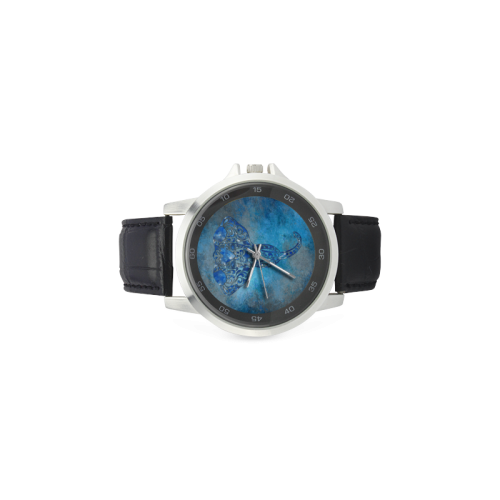 A blue watercolor elephant portrait in denim look Unisex Stainless Steel Leather Strap Watch(Model 202)