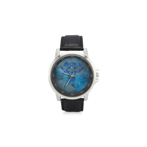 A blue watercolor elephant portrait in denim look Unisex Stainless Steel Leather Strap Watch(Model 202)