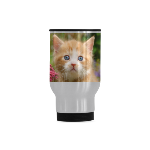 Cute Ginger Kitten Funny Baby Pet Animal in a Garden Photo for Cat Lovers Travel Mug (Silver) (14 Oz)