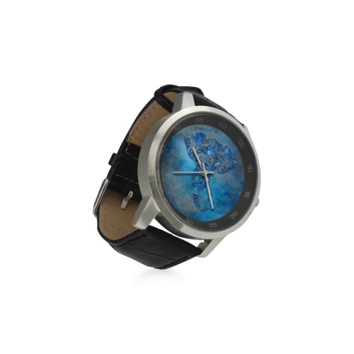 A blue watercolor elephant portrait in denim look Unisex Stainless Steel Leather Strap Watch(Model 202)