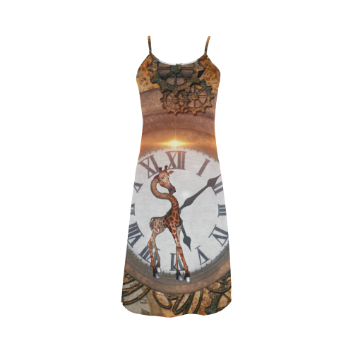 Steampunk, cute giraffe on a clock Alcestis Slip Dress (Model D05)