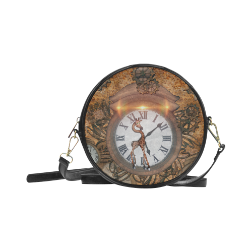 Steampunk, cute giraffe on a clock Round Sling Bag (Model 1647)