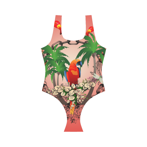 Funny parrot, tropical design Vest One Piece Swimsuit (Model S04)