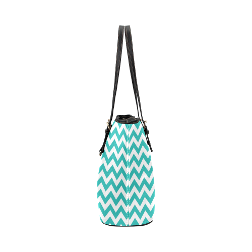 Turquoise and white zigzag chevron Leather Tote Bag/Large (Model 1651)