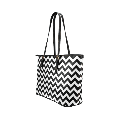 black and white zigzag chevron Leather Tote Bag/Large (Model 1651)