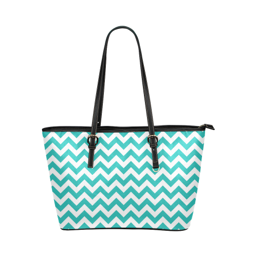 Turquoise and white zigzag chevron Leather Tote Bag/Small (Model 1651)