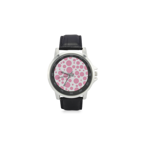 pink polka dot Unisex Stainless Steel Leather Strap Watch(Model 202)