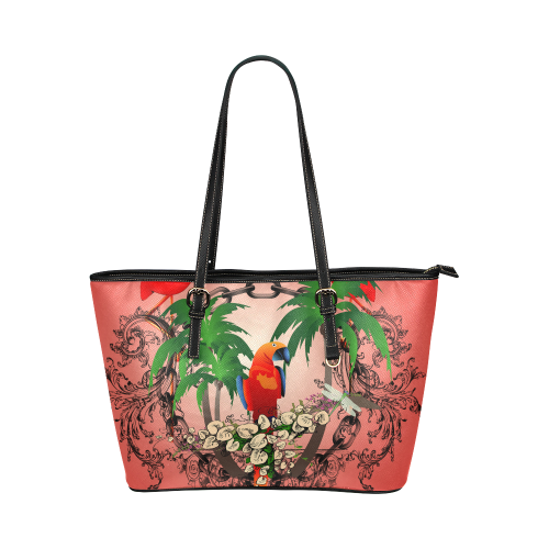 Funny parrot, tropical design Leather Tote Bag/Large (Model 1651)