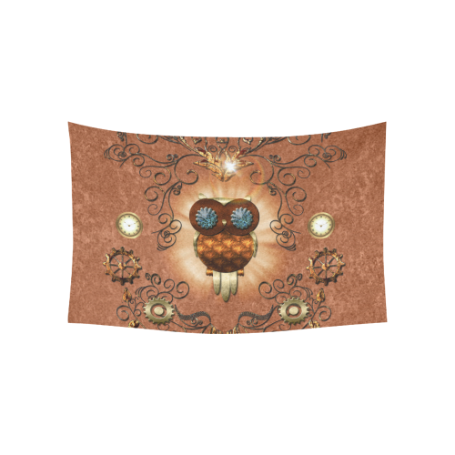 Steampunk, cute owl, clocks and gears Cotton Linen Wall Tapestry 60"x 40"