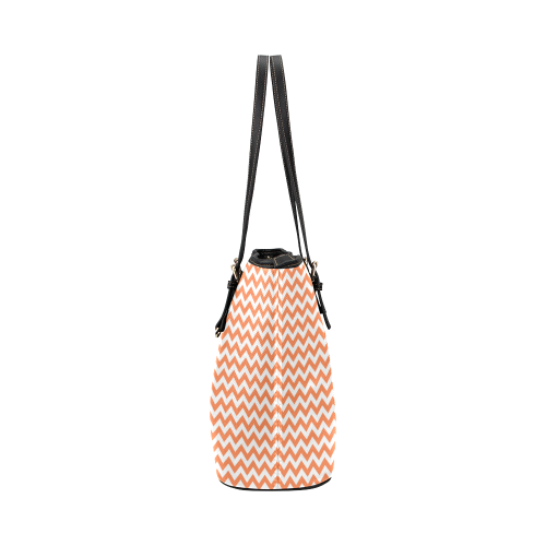 Tangerine Orange and white small zigzag chevron Leather Tote Bag/Large (Model 1651)