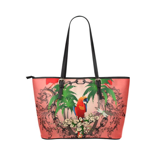 Funny parrot, tropical design Leather Tote Bag/Large (Model 1651)