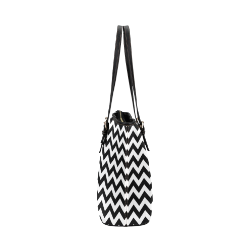 black and white zigzag chevron Leather Tote Bag/Large (Model 1651)