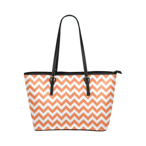 Tangerine Orange and white zigzag chevron Leather Tote Bag/Small (Model 1651)