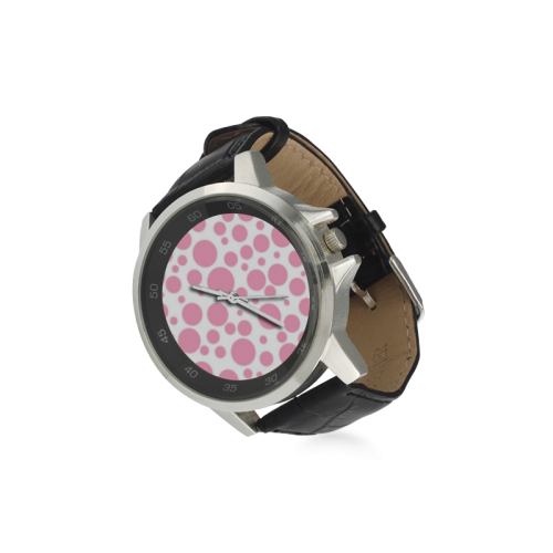 pink polka dot Unisex Stainless Steel Leather Strap Watch(Model 202)