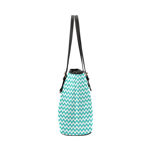 Turquoise and white small zigzag chevron Leather Tote Bag/Small (Model 1651)