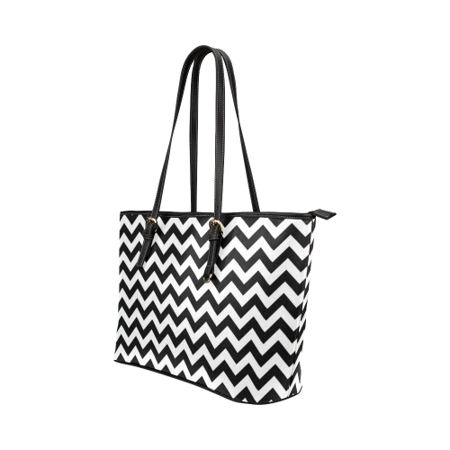 black and white zigzag chevron Leather Tote Bag/Large (Model 1651)