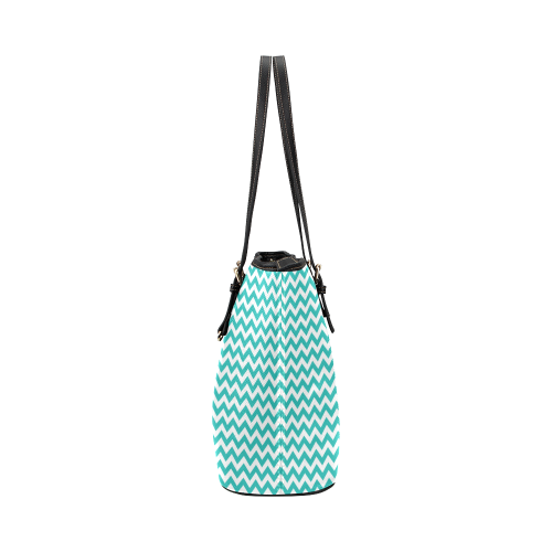 Turquoise and white small zigzag chevron Leather Tote Bag/Large (Model 1651)