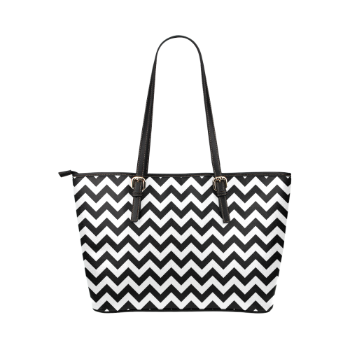 black and white zigzag chevron Leather Tote Bag/Large (Model 1651)