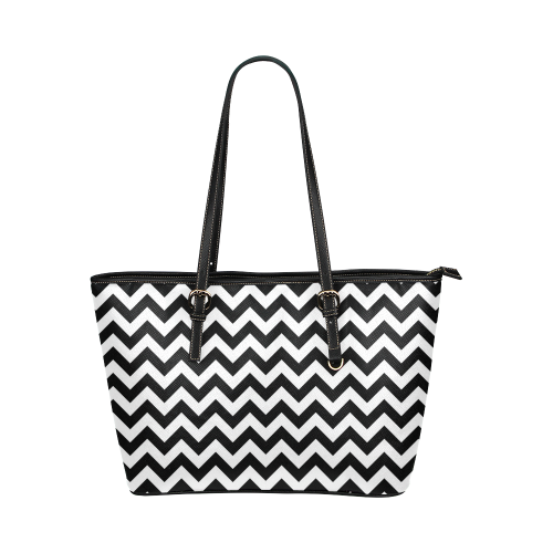 black and white zigzag chevron Leather Tote Bag/Large (Model 1651)