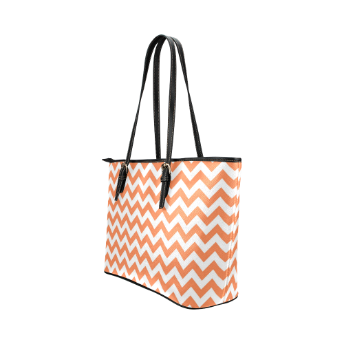 Tangerine Orange and white zigzag chevron Leather Tote Bag/Small (Model 1651)