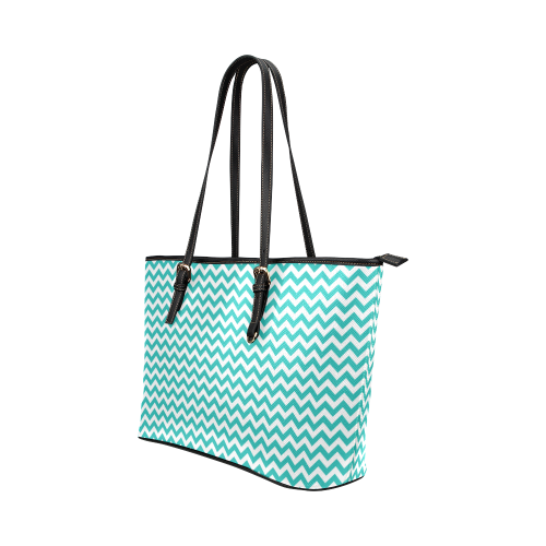 Turquoise and white small zigzag chevron Leather Tote Bag/Small (Model 1651)