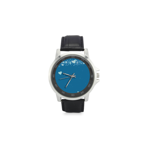 blue with white hearts Unisex Stainless Steel Leather Strap Watch(Model 202)