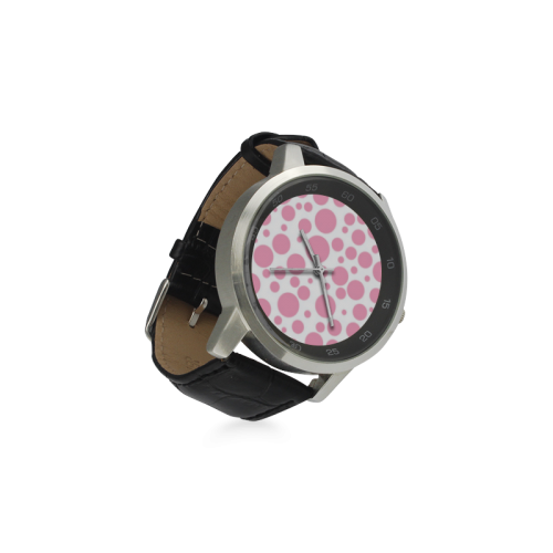 pink polka dot Unisex Stainless Steel Leather Strap Watch(Model 202)