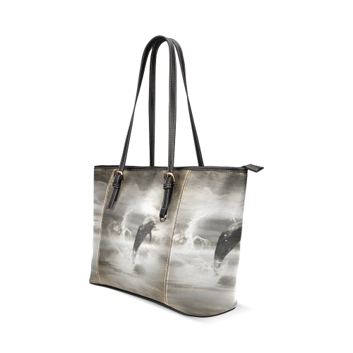 Dolphin with water heart Leather Tote Bag/Small (Model 1640)