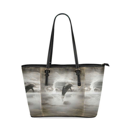 Dolphin with water heart Leather Tote Bag/Small (Model 1640)