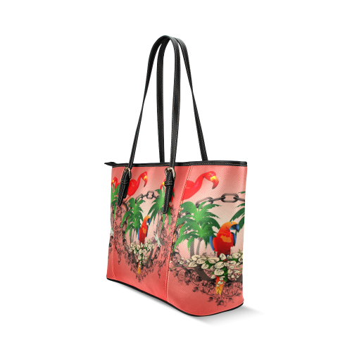 Funny parrot, tropical design Leather Tote Bag/Small (Model 1640)