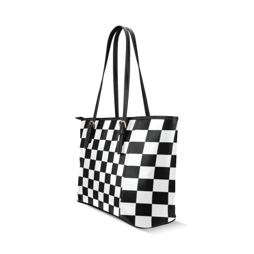 Checkerboard Black and White Leather Tote Bag/Small (Model 1640)