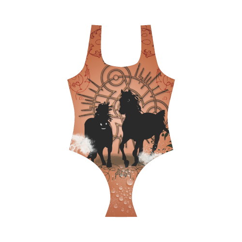 Black horses silhouette Vest One Piece Swimsuit (Model S04)