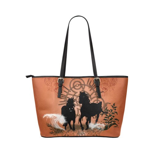 Black horses silhouette Leather Tote Bag/Large (Model 1651)