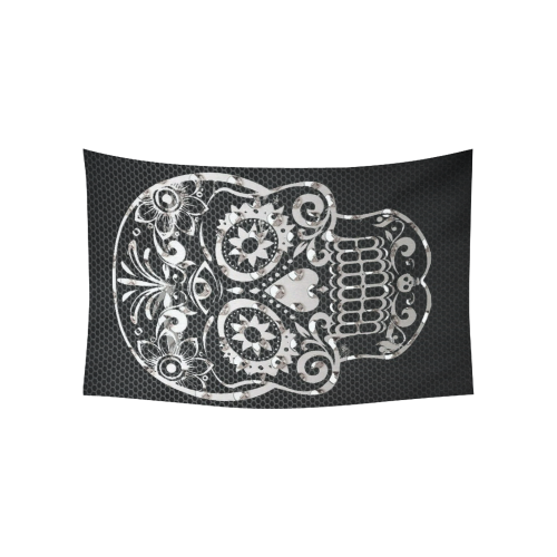 Skull, black silver metal Cotton Linen Wall Tapestry 60"x 40"