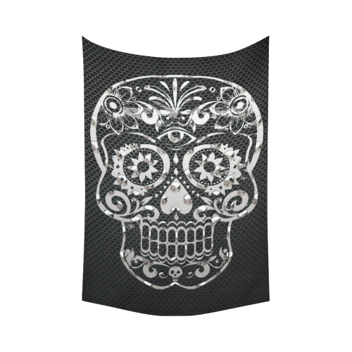 Skull, black silver metal Cotton Linen Wall Tapestry 90"x 60"