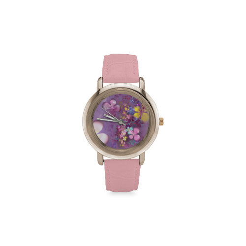 Modern abstract fractal colorful flower power Women's Rose Gold Leather Strap Watch(Model 201)