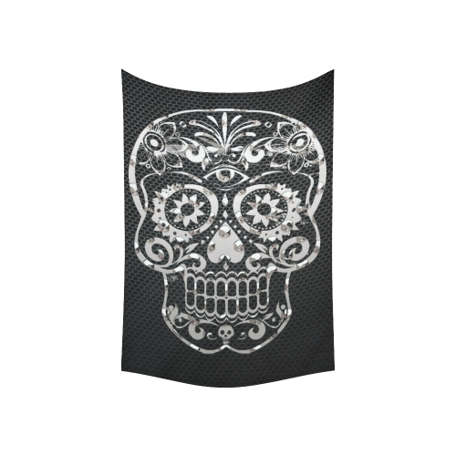 Skull, black silver metal Cotton Linen Wall Tapestry 60"x 40"