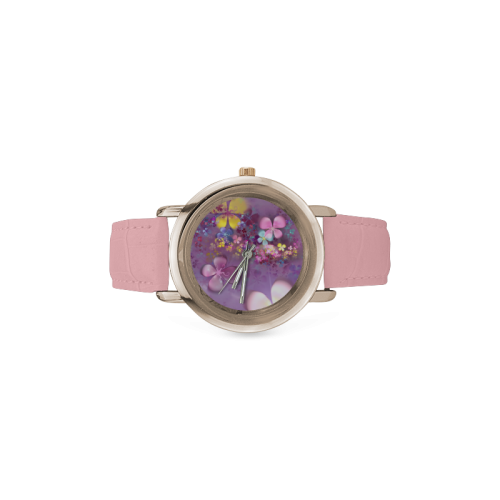 Modern abstract fractal colorful flower power Women's Rose Gold Leather Strap Watch(Model 201)