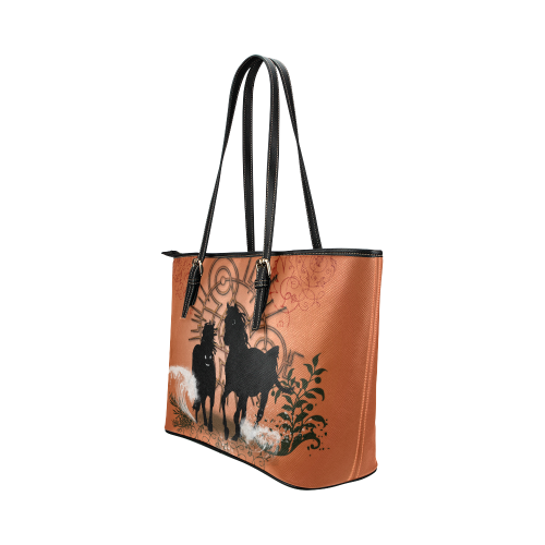Black horses silhouette Leather Tote Bag/Large (Model 1651)