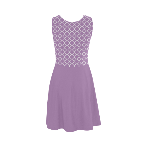 Purple Lilac Quatrefoil with solid lilac skirt, Atalanta Sundress (Model D04)