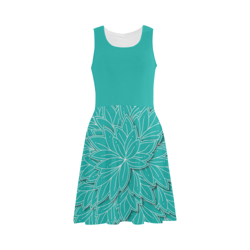 turquoise Leaf pattern with solid turquoise top Atalanta Sundress (Model D04)