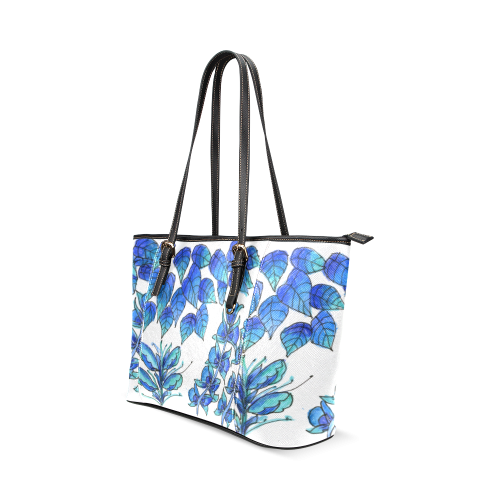 Pretty Blue Flowers, Aqua Garden Zendoodle Leather Tote Bag/Small (Model 1640)