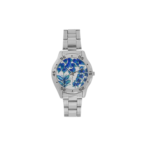 Pretty Blue Flowers, Aqua Garden Zendoodle Men's Stainless Steel Analog Watch(Model 108)