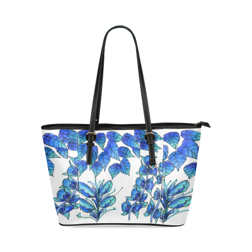 Pretty Blue Flowers, Aqua Garden Zendoodle Leather Tote Bag/Small (Model 1640)