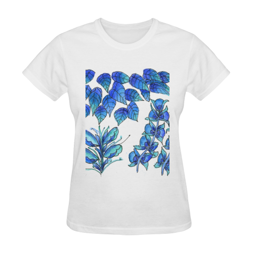 Pretty Blue Flowers, Aqua Garden Zendoodle Sunny Women's T-shirt (Model T05)