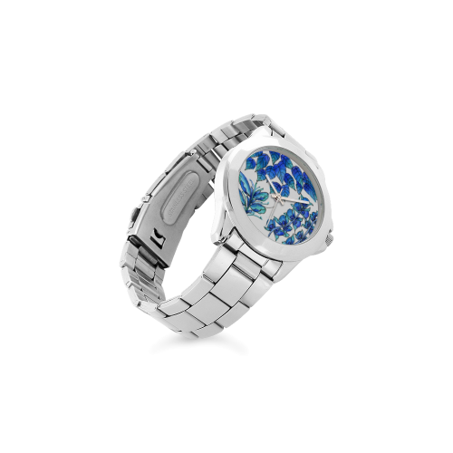 Pretty Blue Flowers, Aqua Garden Zendoodle Unisex Stainless Steel Watch(Model 103)